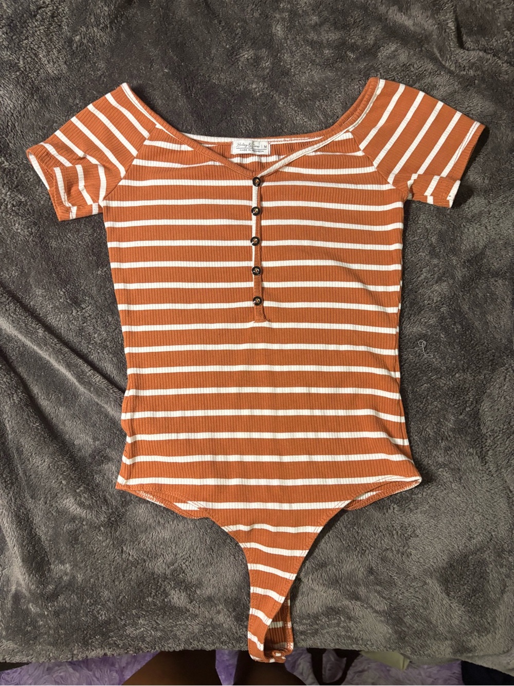 Women's Striped Rust & White Ribbed Button-Front Bodysuit